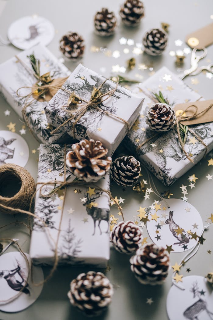 digital Beautifully wrapped Christmas gifts surrounded by pine cones and gold star confetti, creating a festive atmosphere.