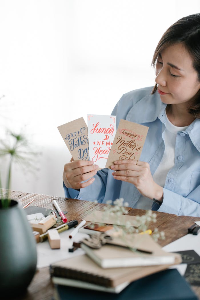 A woman displays artistic greeting cards at a wooden table, creating a cozy, creative atmosphere.